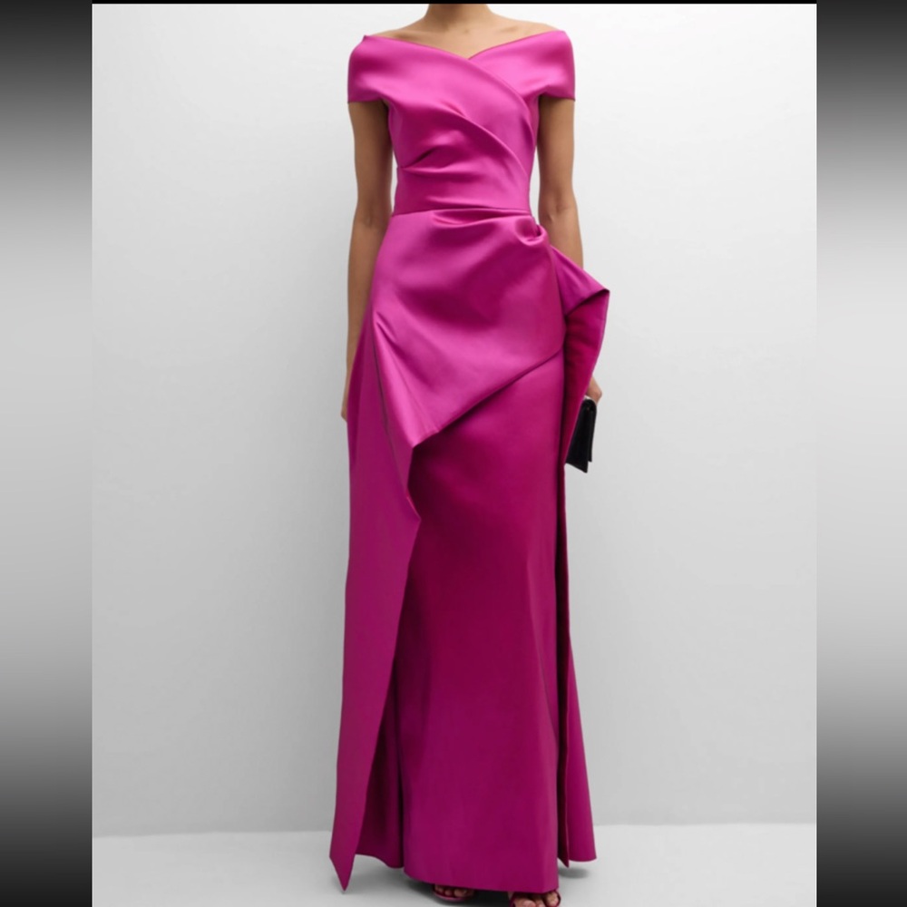 Rickie Freeman for Teri Jon Pleated Off-Shoulder Peplum Gown